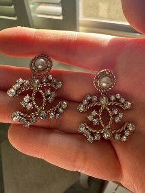 Limited Edition Chanel Classic CC Crystal Logo Tree & Pearl Drop Gold Earrings